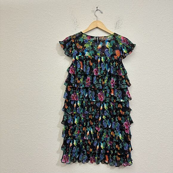 NWOT TARA JARMON Chiffon Pleated Tiered Dress in Multi Floral & Bird Print - Picture 9 of 15